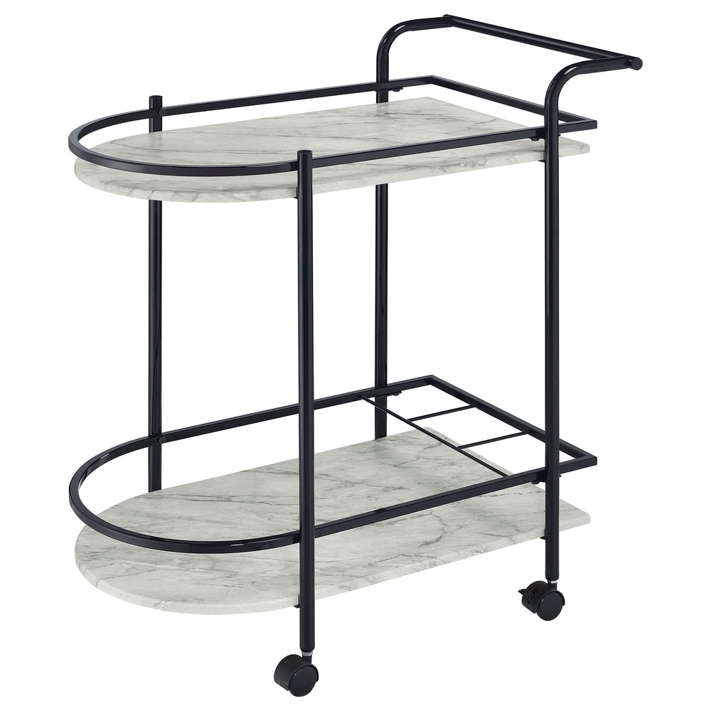 Carrito de bar de metal Desiree con estantes de imitación de mármol de dos niveles, color negro