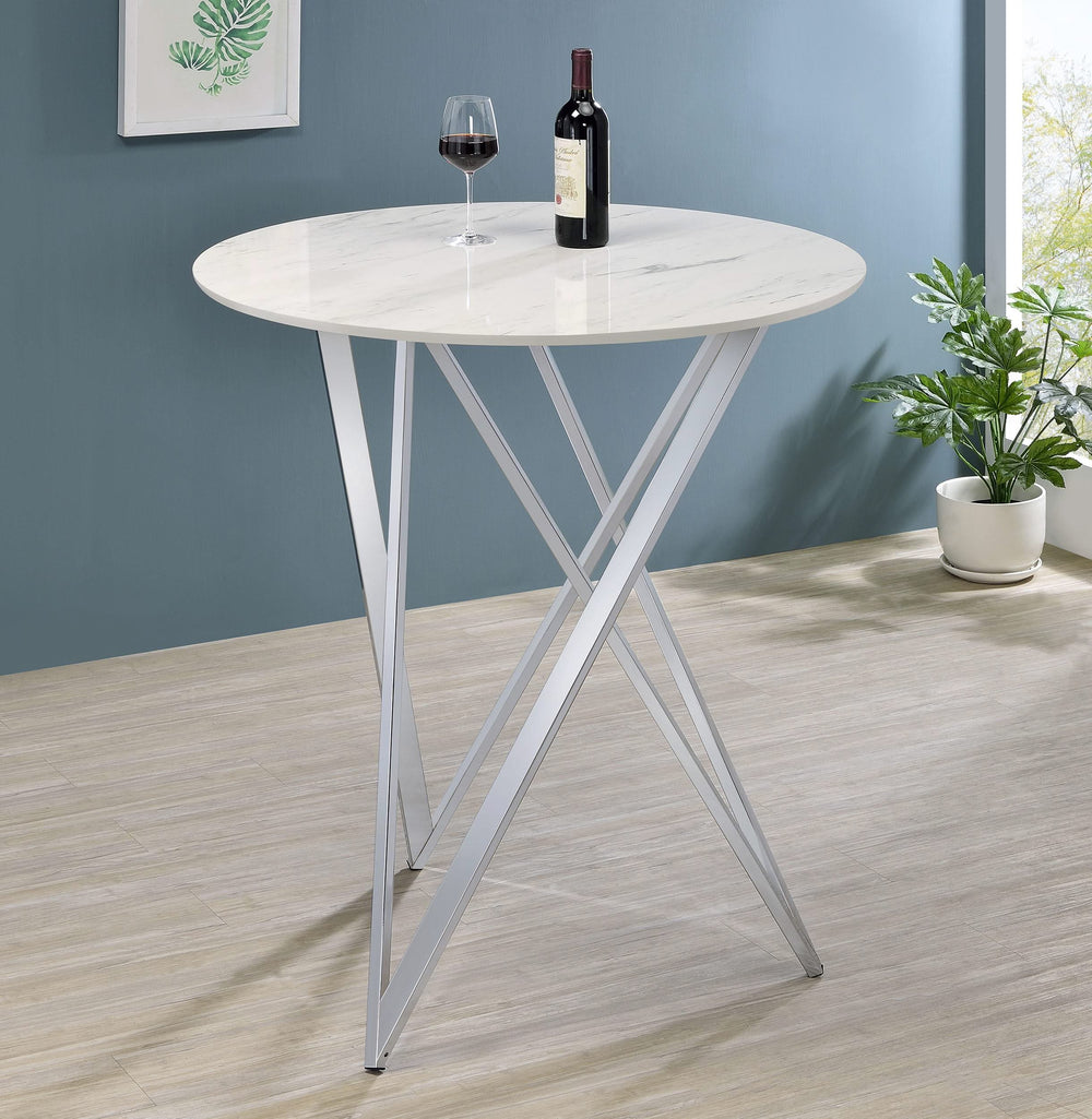 Mesa de bar bistró redonda Bexter de 35 pulgadas con imitación de mármol, cromada