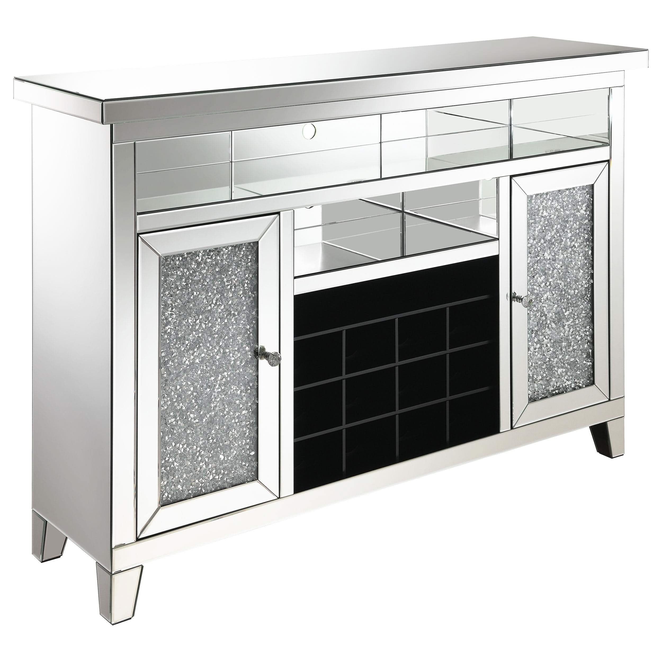 Vitrina bar para vinos Melinda de 2 puertas con espejo LED y color plateado