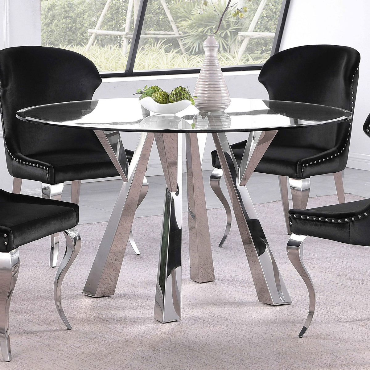 Mesa de comedor redonda Alaia de 51 pulgadas con tapa de vidrio transparente, cromada