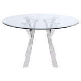 Mesa de comedor redonda Alaia de 51 pulgadas con tapa de vidrio transparente, cromada