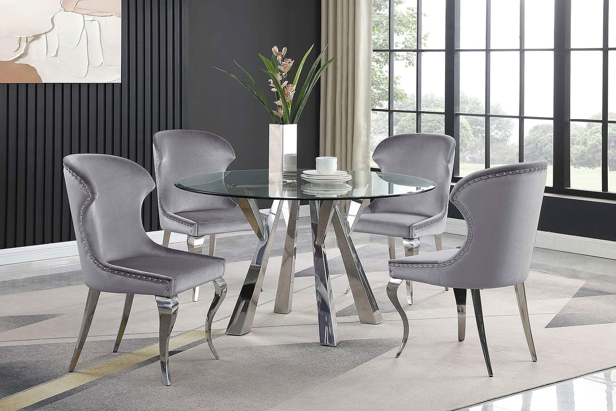 Mesa de comedor redonda Alaia de 51 pulgadas con tapa de vidrio transparente, cromada