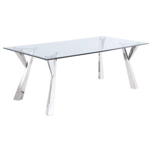 Mesa de comedor rectangular Alaia de 79 pulgadas con tapa de vidrio cromada