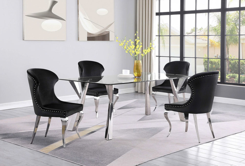 Mesa de comedor rectangular Alaia de 79 pulgadas con tapa de vidrio cromada