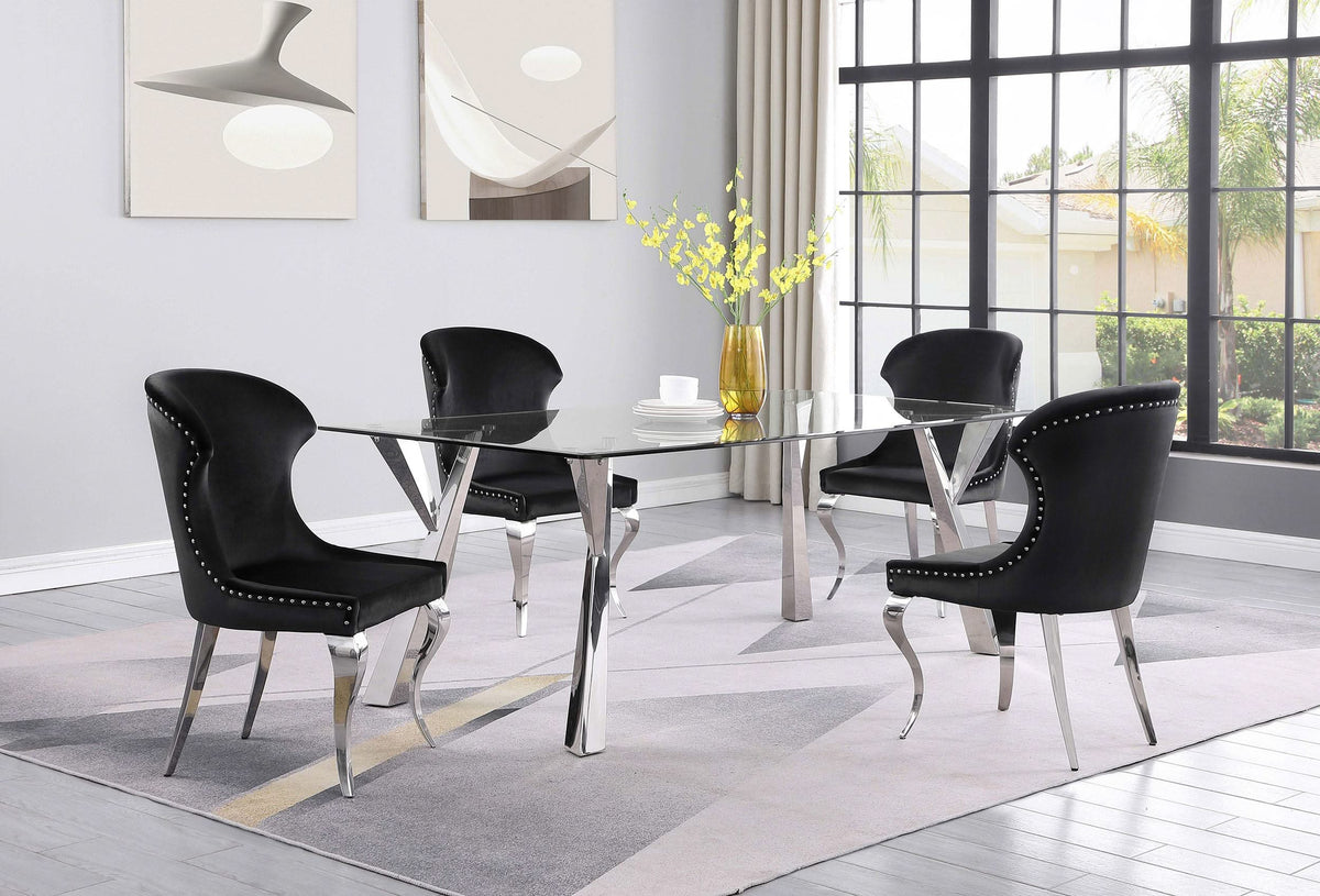 Mesa de comedor rectangular Alaia de 79 pulgadas con tapa de vidrio cromada