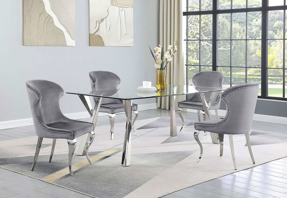 Mesa de comedor rectangular Alaia de 79 pulgadas con tapa de vidrio cromada