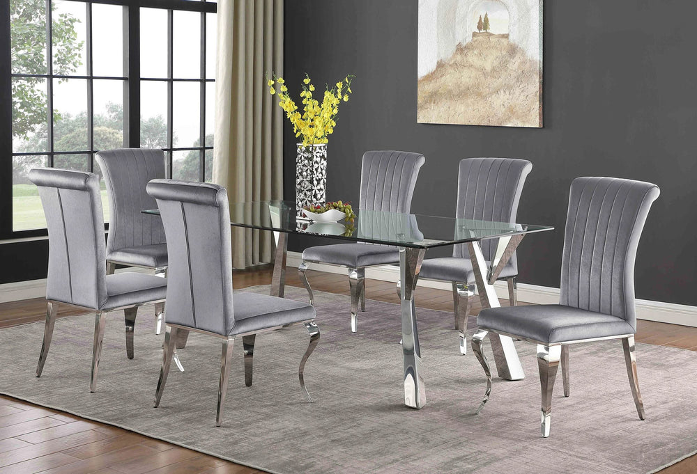 Mesa de comedor rectangular Alaia de 79 pulgadas con tapa de vidrio cromada