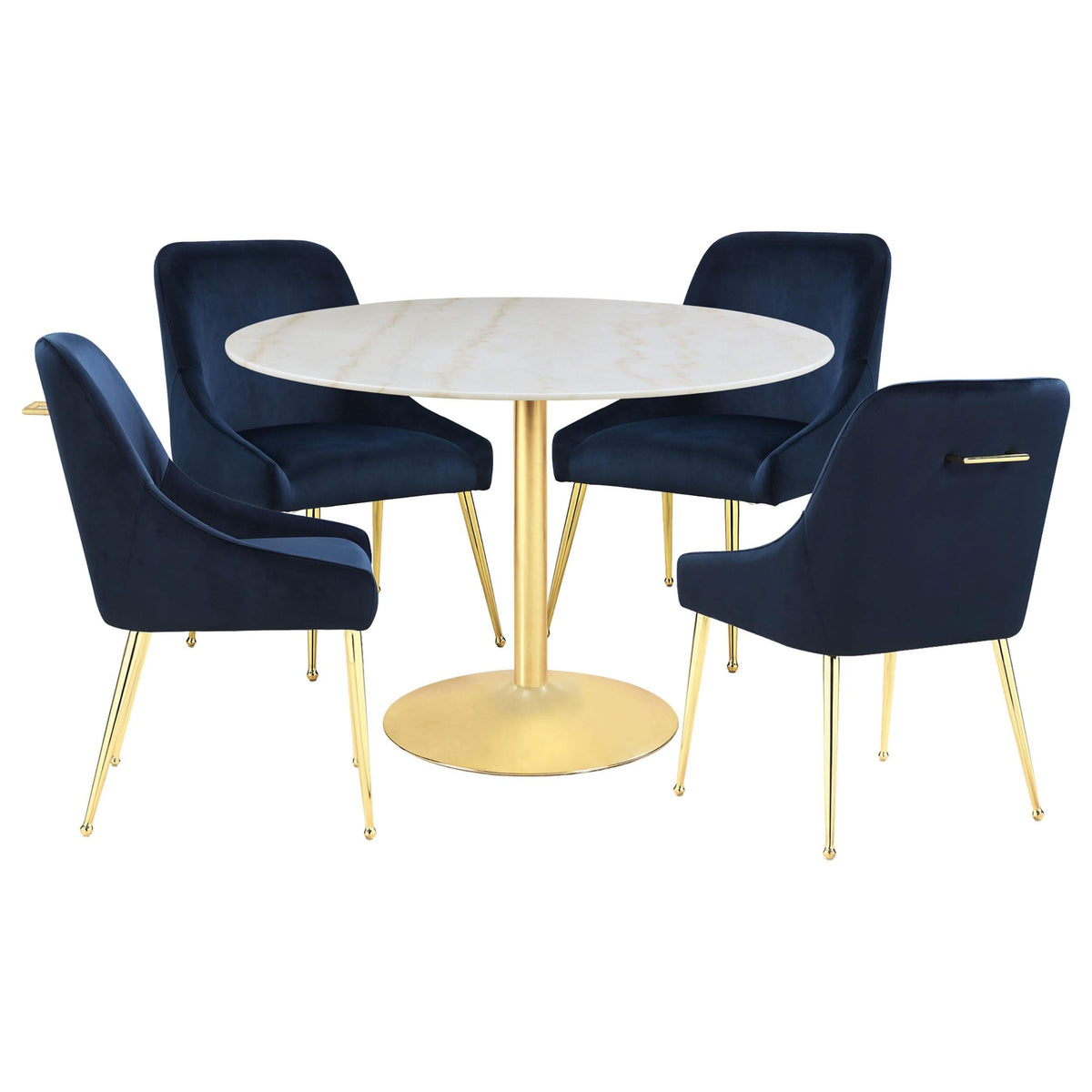 Juego de comedor Kella de 5 piezas con superficie redonda de mármol, blanco y dorado