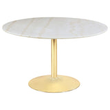 Juego de comedor Kella de 5 piezas con superficie redonda de mármol, blanco y dorado