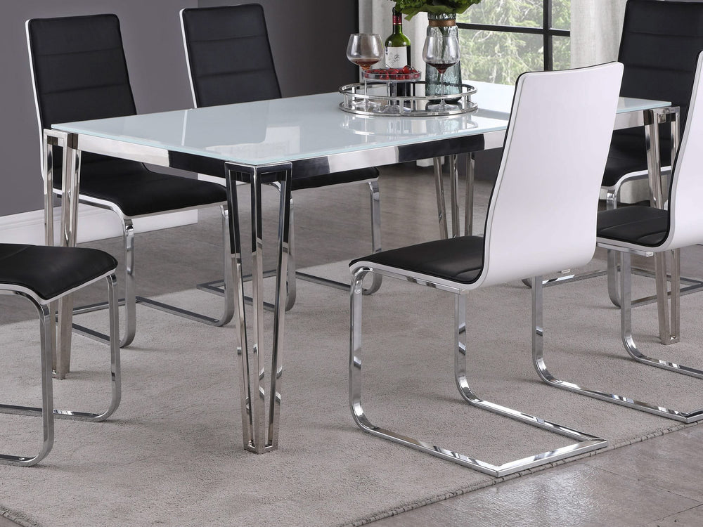 Mesa de comedor rectangular Pauline de 64 pulgadas con tapa de vidrio cromada
