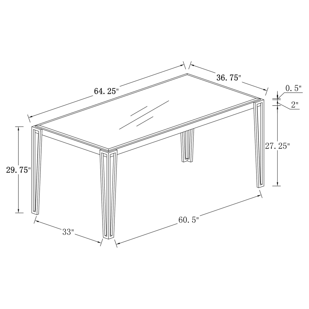 Mesa de comedor rectangular Pauline de 64 pulgadas con tapa de vidrio cromada