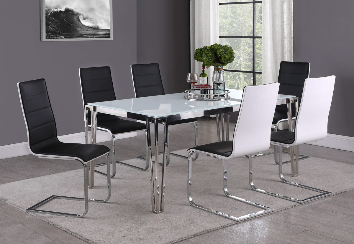 Mesa de comedor rectangular Pauline de 64 pulgadas con tapa de vidrio cromada