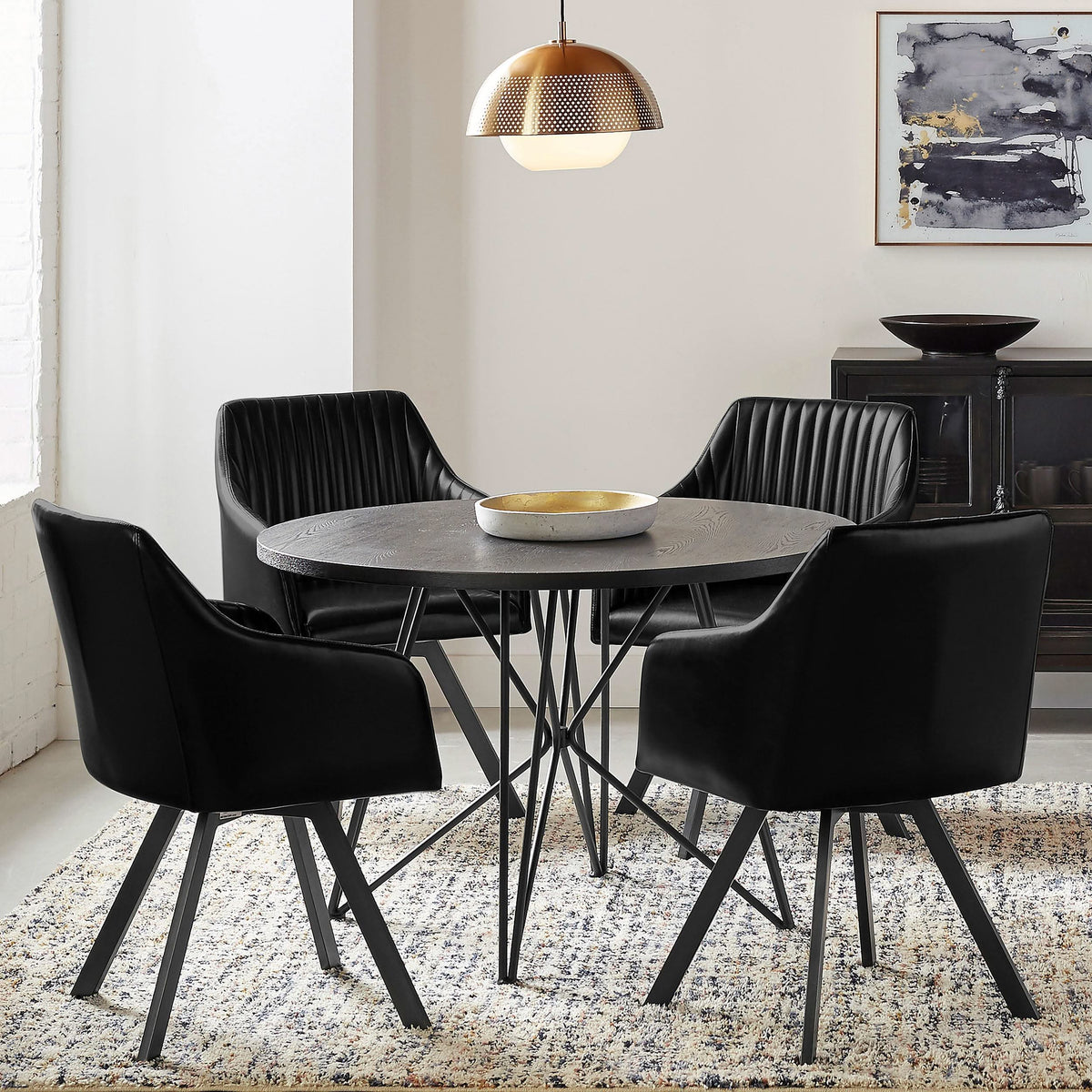 Silla de comedor giratoria tapizada en cuero sintético Arika, color negro