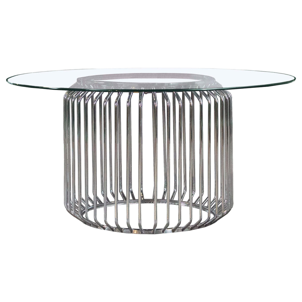 Mesa de comedor redonda Veena de 60 pulgadas con tapa de vidrio y metal cromado