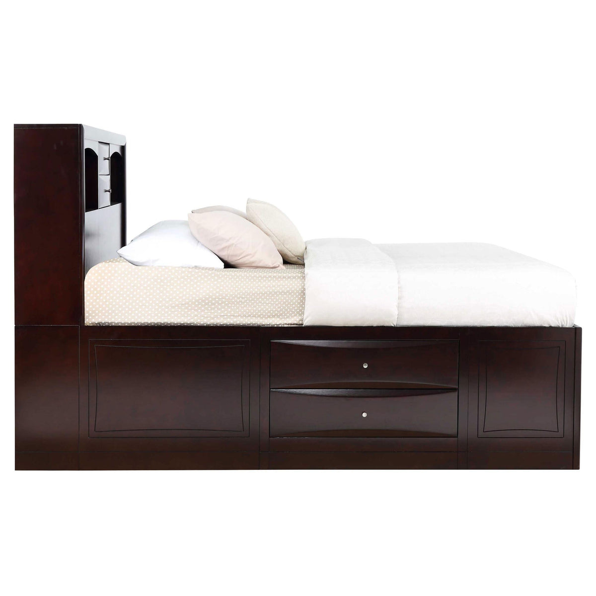 Cama Queen con librería y almacenamiento Phoenix Wood color capuchino
