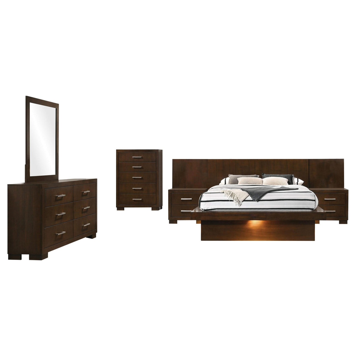 Juego de dormitorio Jessica California King LED de 6 piezas Cappuccino