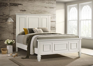 Cama California King con paneles Sandy Beach Wood en color blanco crema