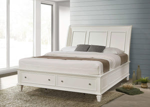 Cama King con paneles de almacenamiento Sandy Beach Wood Eastern en color blanco crema