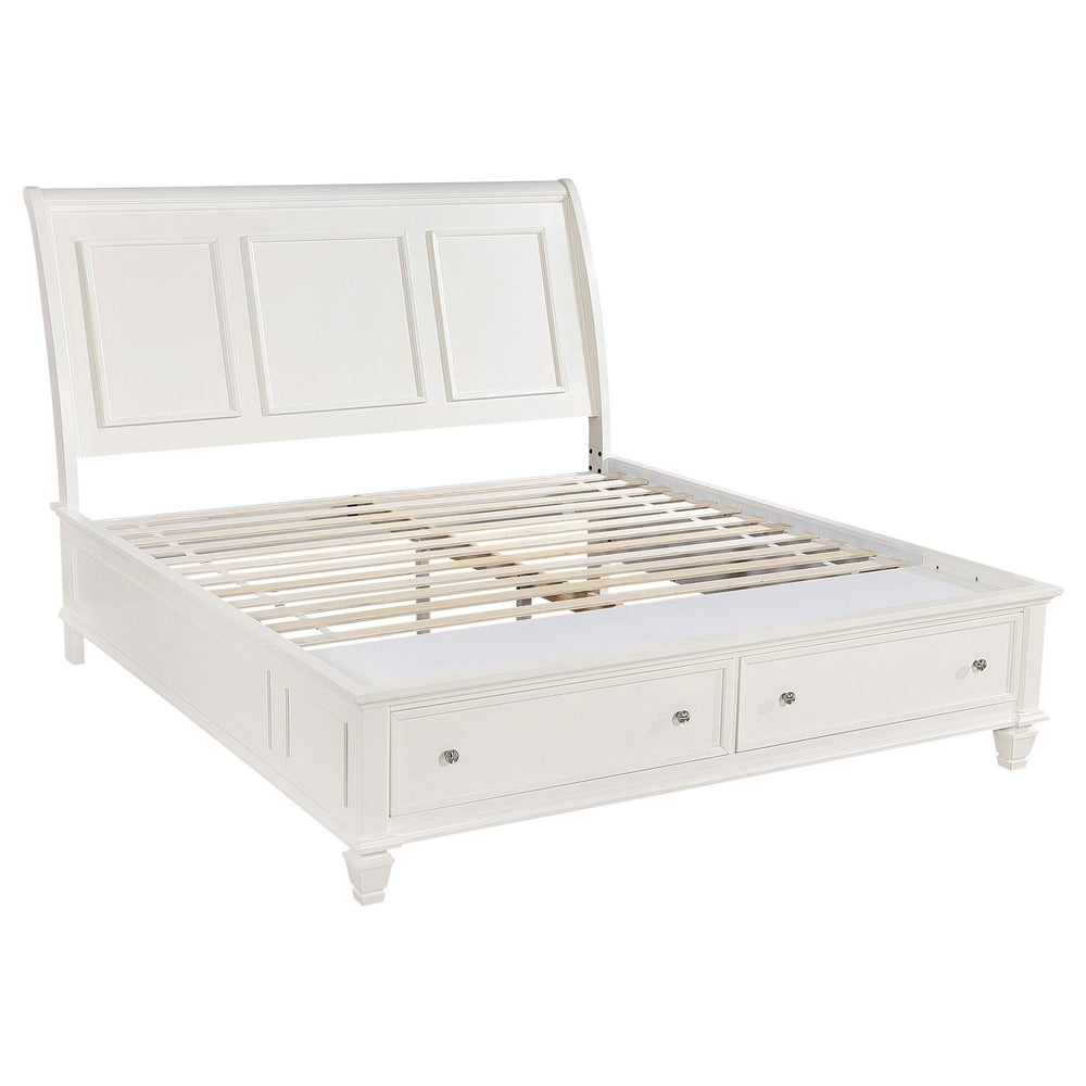 Cama King con paneles de almacenamiento Sandy Beach Wood Eastern en color blanco crema