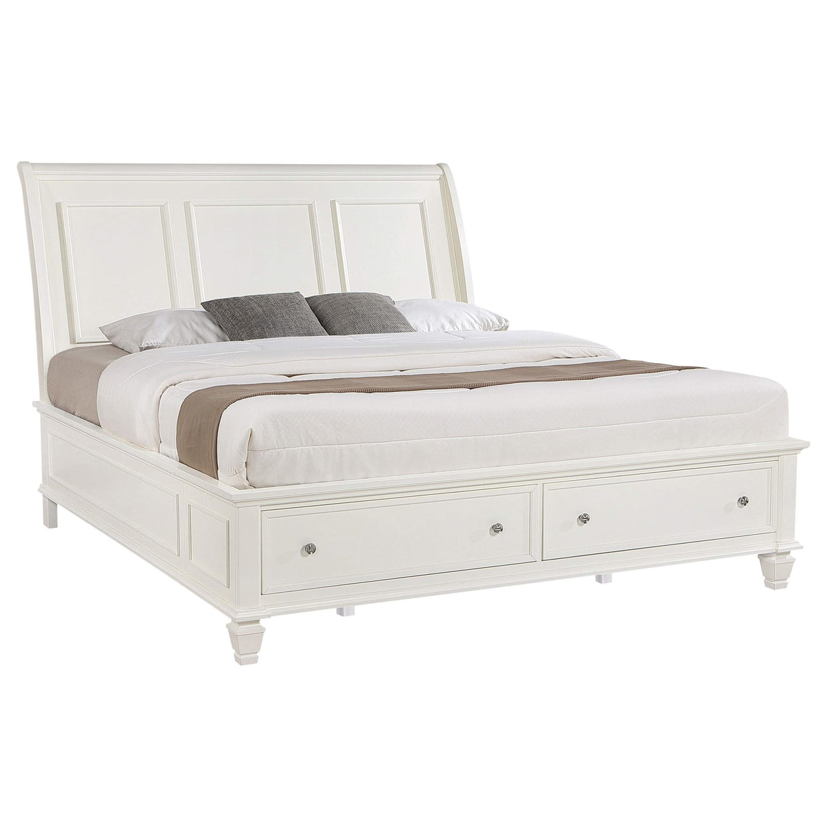 Cama King con paneles de almacenamiento Sandy Beach Wood Eastern en color blanco crema