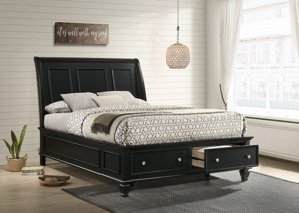 Cama Queen con paneles de almacenamiento de madera Sandy Beach, color negro