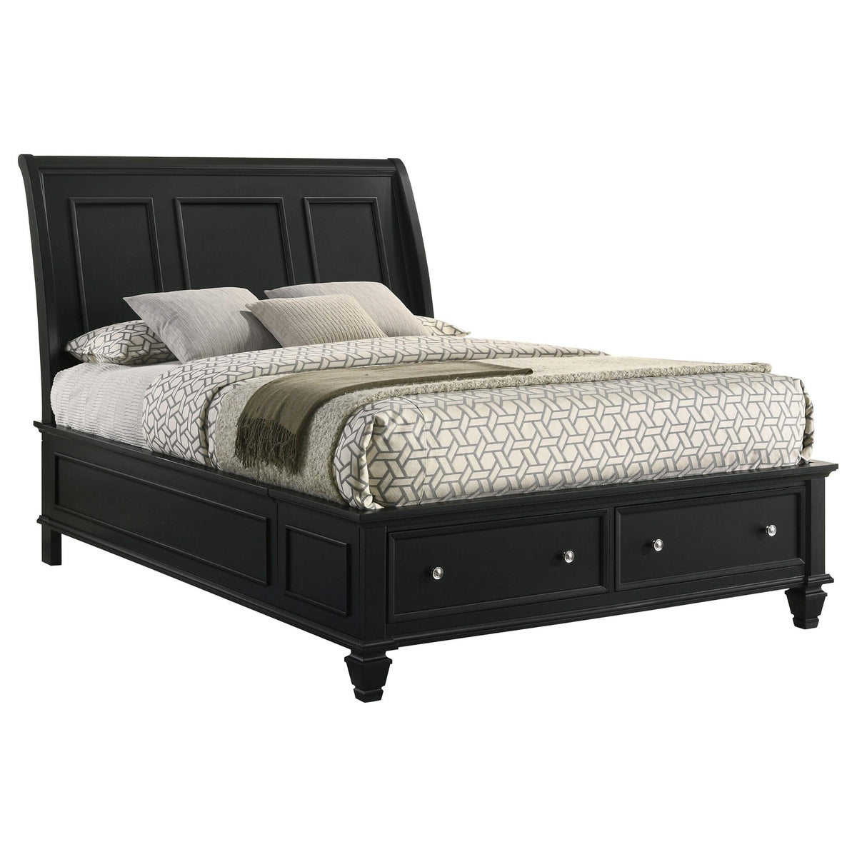 Cama Queen con paneles de almacenamiento de madera Sandy Beach, color negro