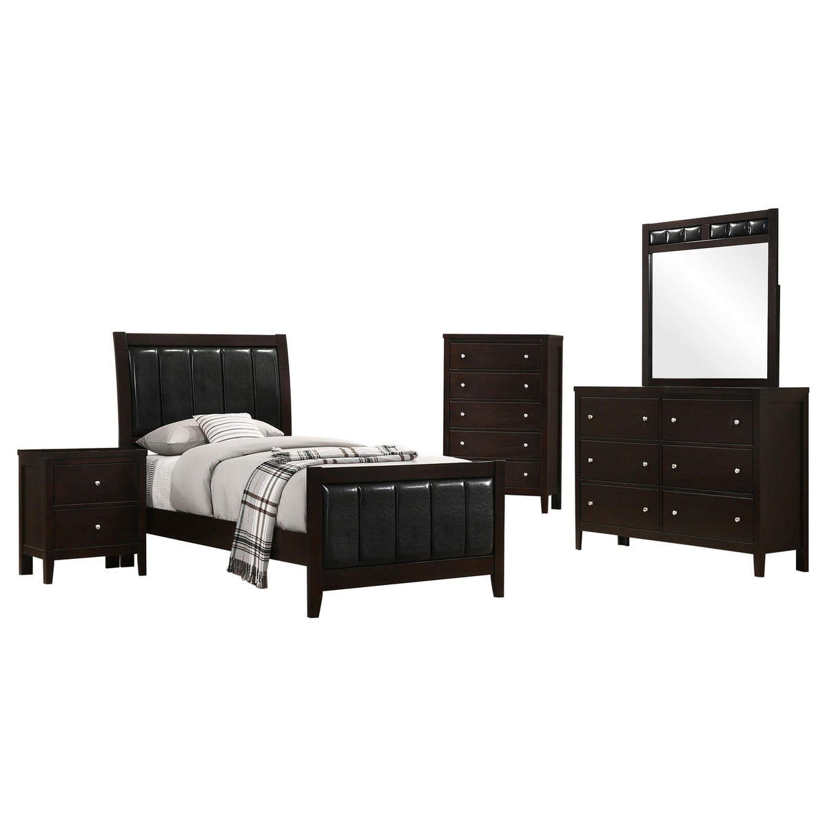Juego de dormitorio Carlton de 5 piezas con dos camas individuales, color capuchino
