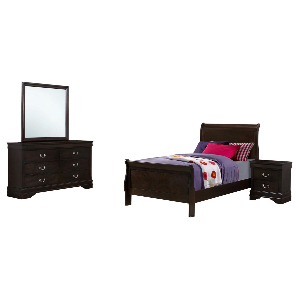 Juego de dormitorio Louis Philippe de 4 piezas con dos camas individuales en color capuchino