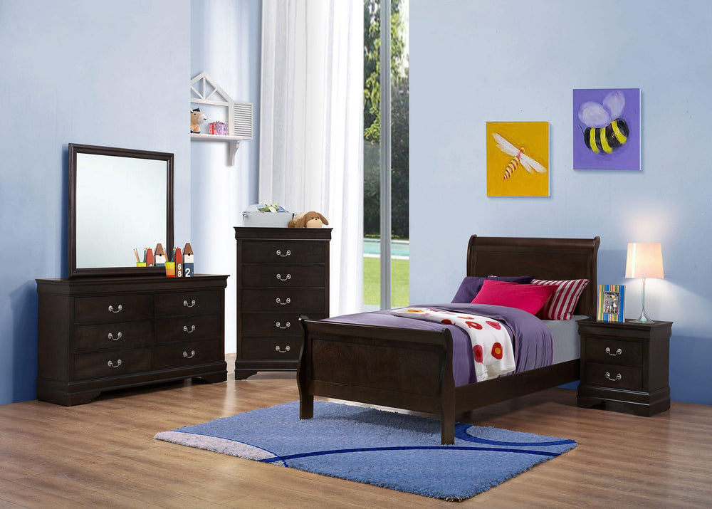 Juego de dormitorio Louis Philippe de 5 piezas con dos camas individuales en color capuchino