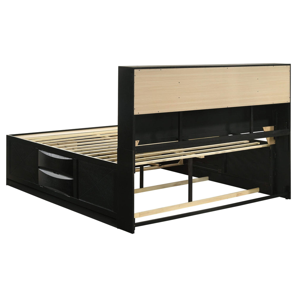 Cama con estantería de almacenamiento Briana Wood Eastern King, color negro