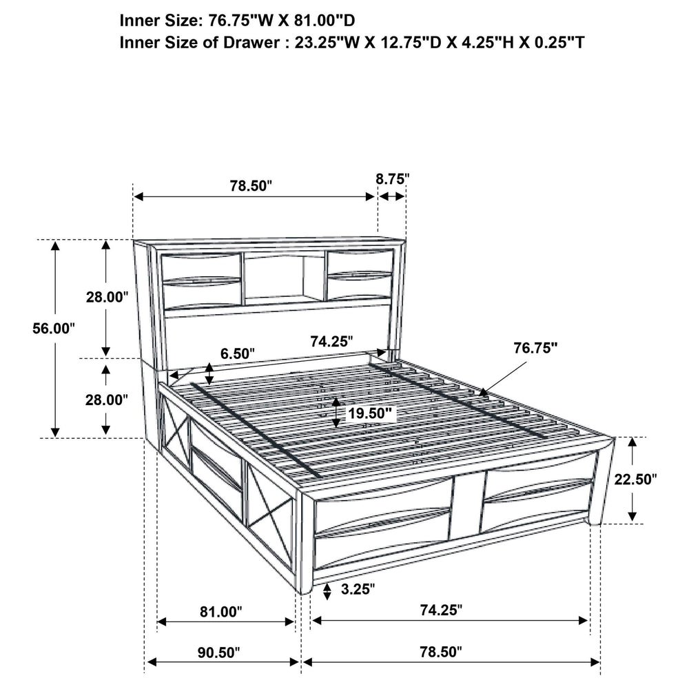 Cama con estantería de almacenamiento Briana Wood Eastern King, color negro