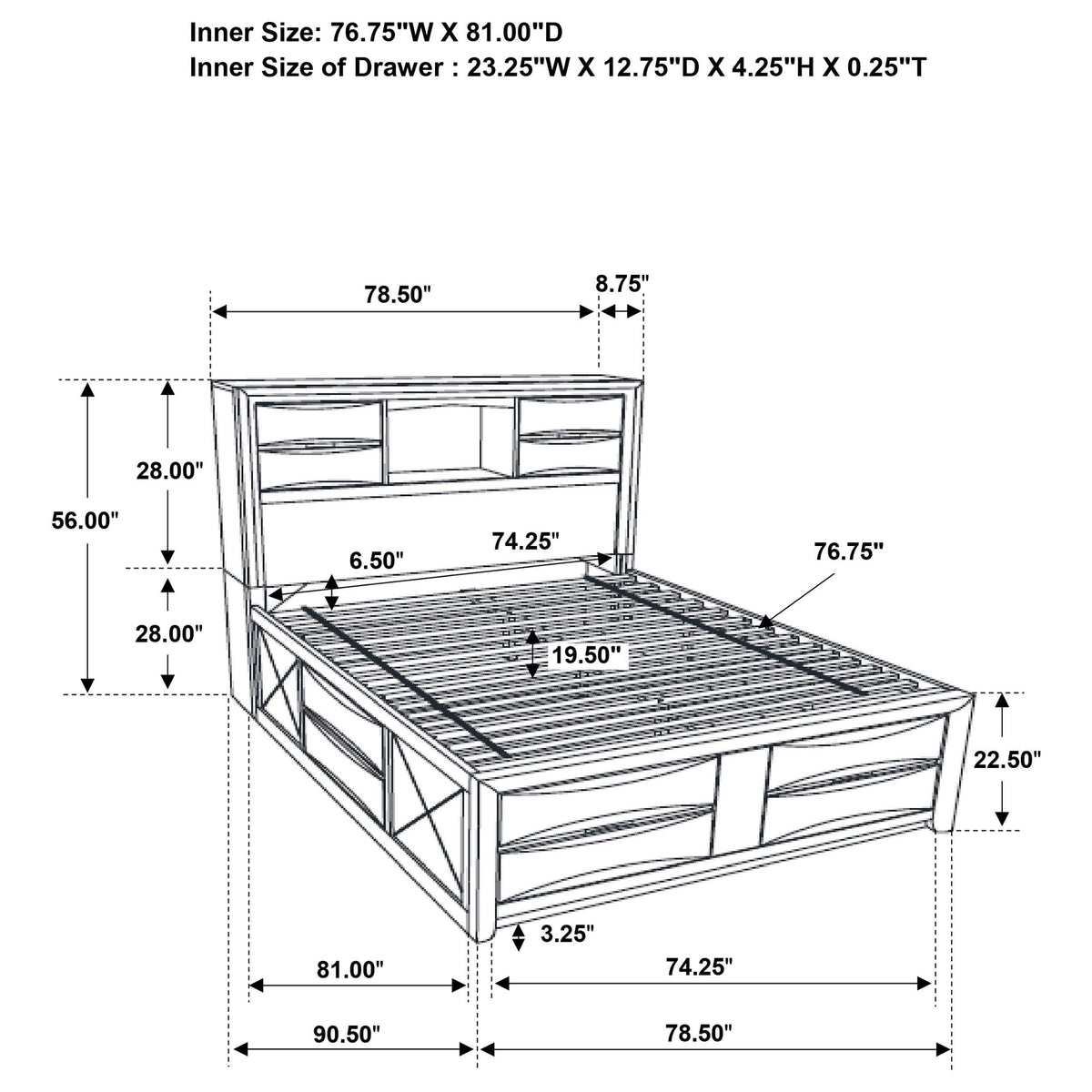 Cama con estantería de almacenamiento Briana Wood Eastern King, color negro