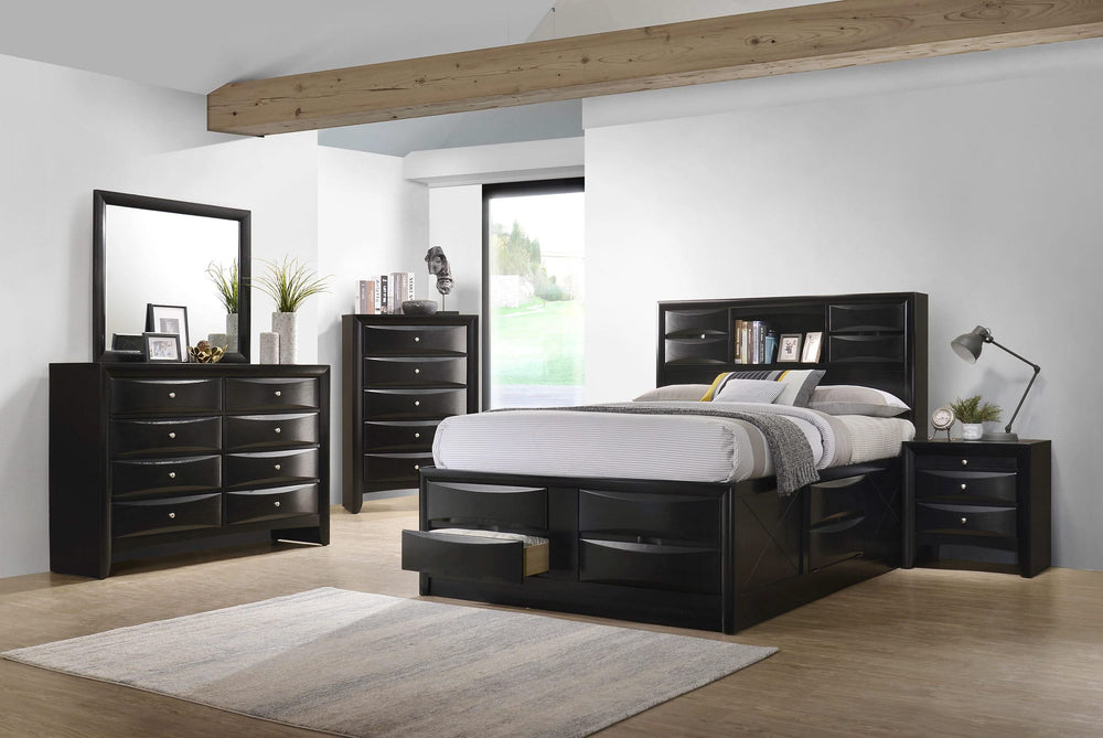 Cama con estantería de almacenamiento Briana Wood Eastern King, color negro