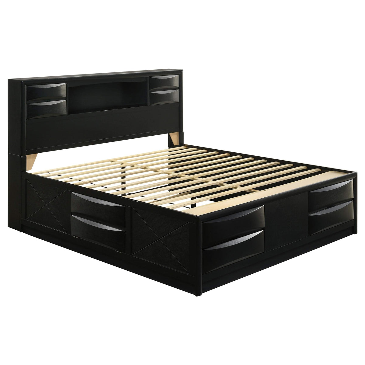 Cama con estantería de almacenamiento Briana Wood California King, color negro