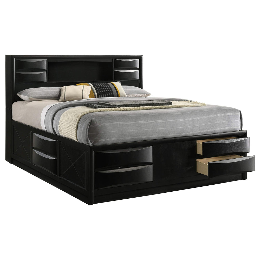 Cama con estantería de almacenamiento Briana Wood California King, color negro
