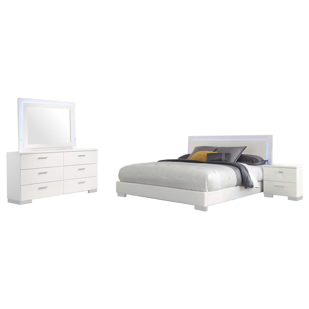 Juego de dormitorio Felicity de 4 piezas Eastern King, blanco de alto brillo