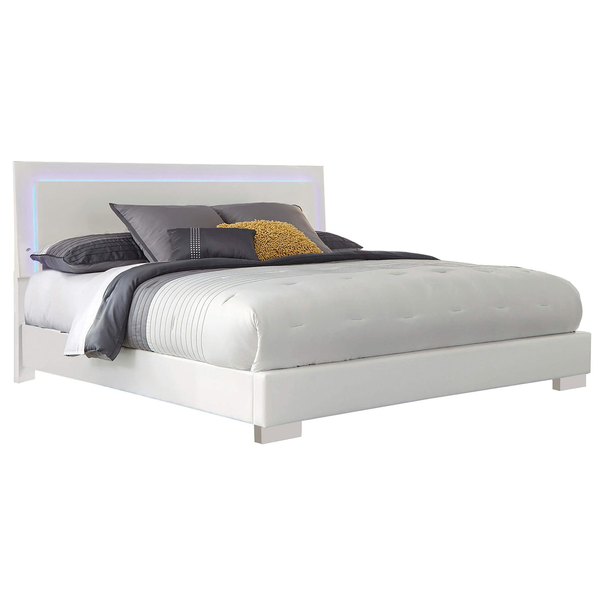 Cama California King con panel LED Felicity Wood, blanca, de alto brillo