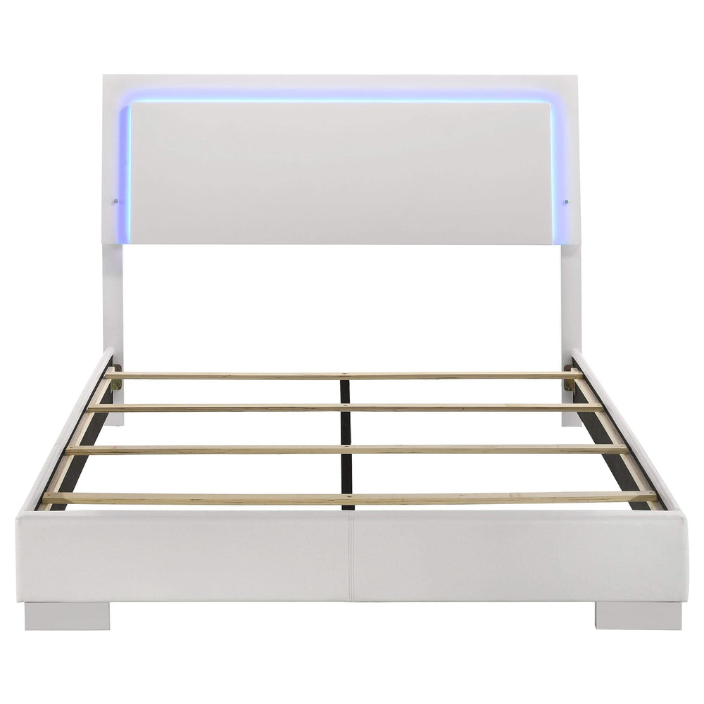 Cama Queen con panel LED Felicity Wood, blanca de alto brillo