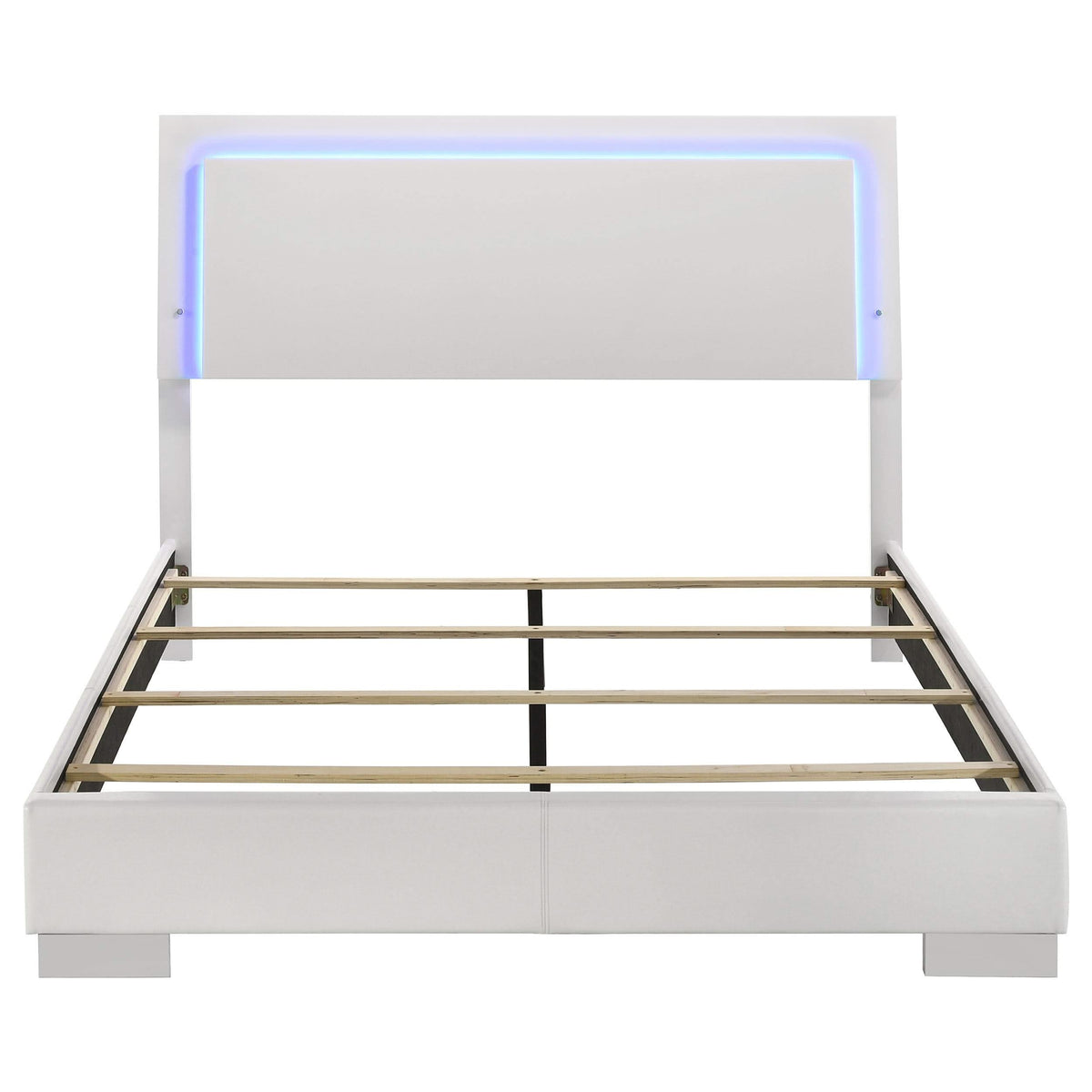 Cama Queen con panel LED Felicity Wood, blanca de alto brillo