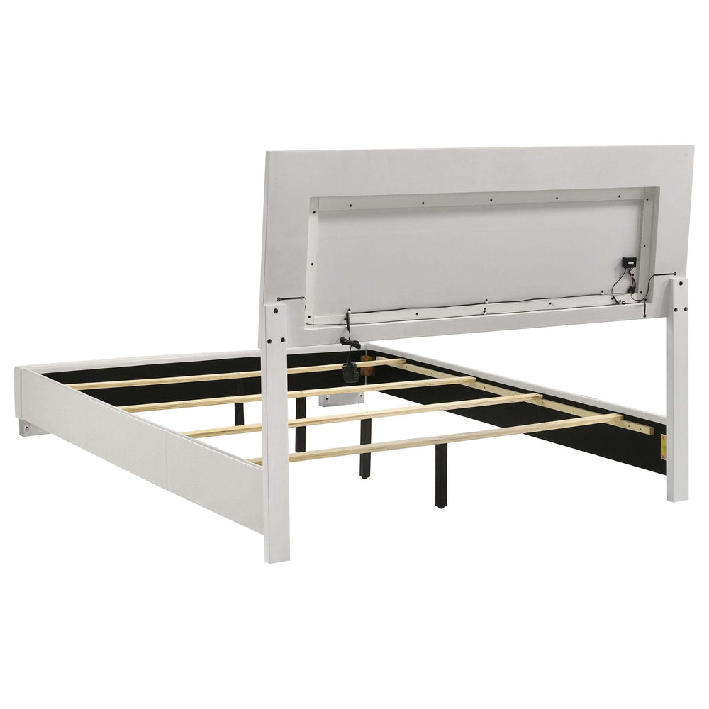 Cama Queen con panel LED Felicity Wood, blanca de alto brillo