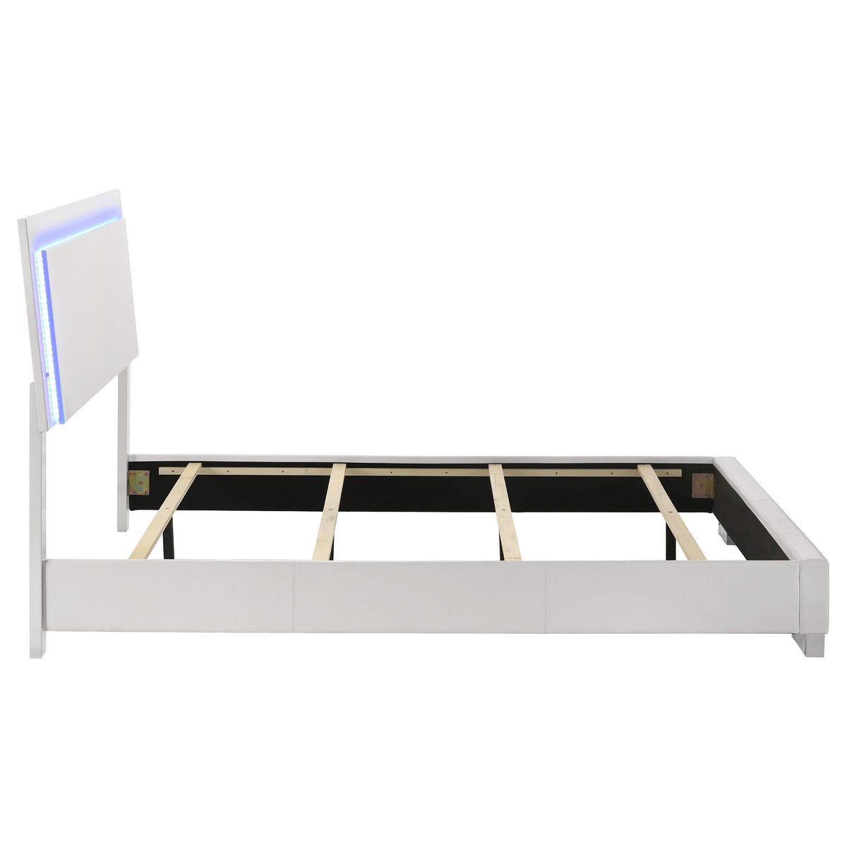 Cama Queen con panel LED Felicity Wood, blanca de alto brillo