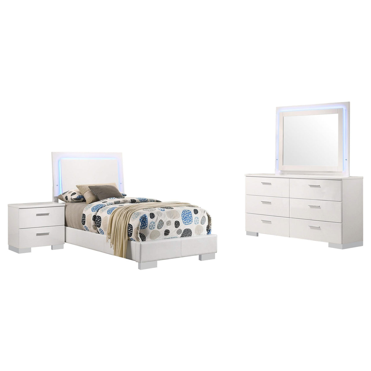 Juego de dormitorio Twin Felicity de 4 piezas en blanco de alto brillo