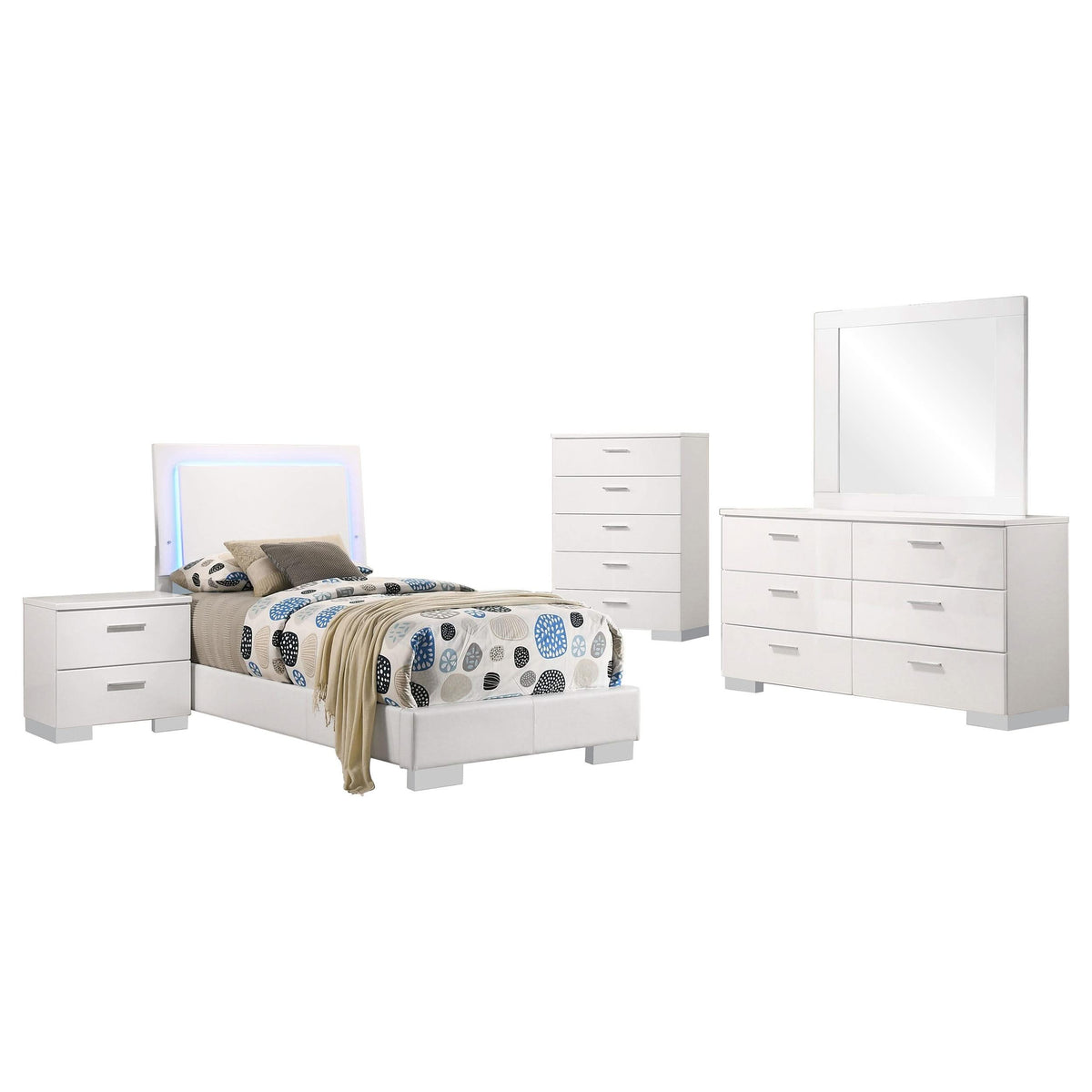 Juego de dormitorio Felicity de 5 piezas, blanco brillante