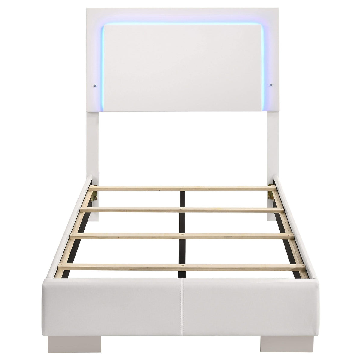 Cama individual con panel LED Felicity Wood, color blanco brillante