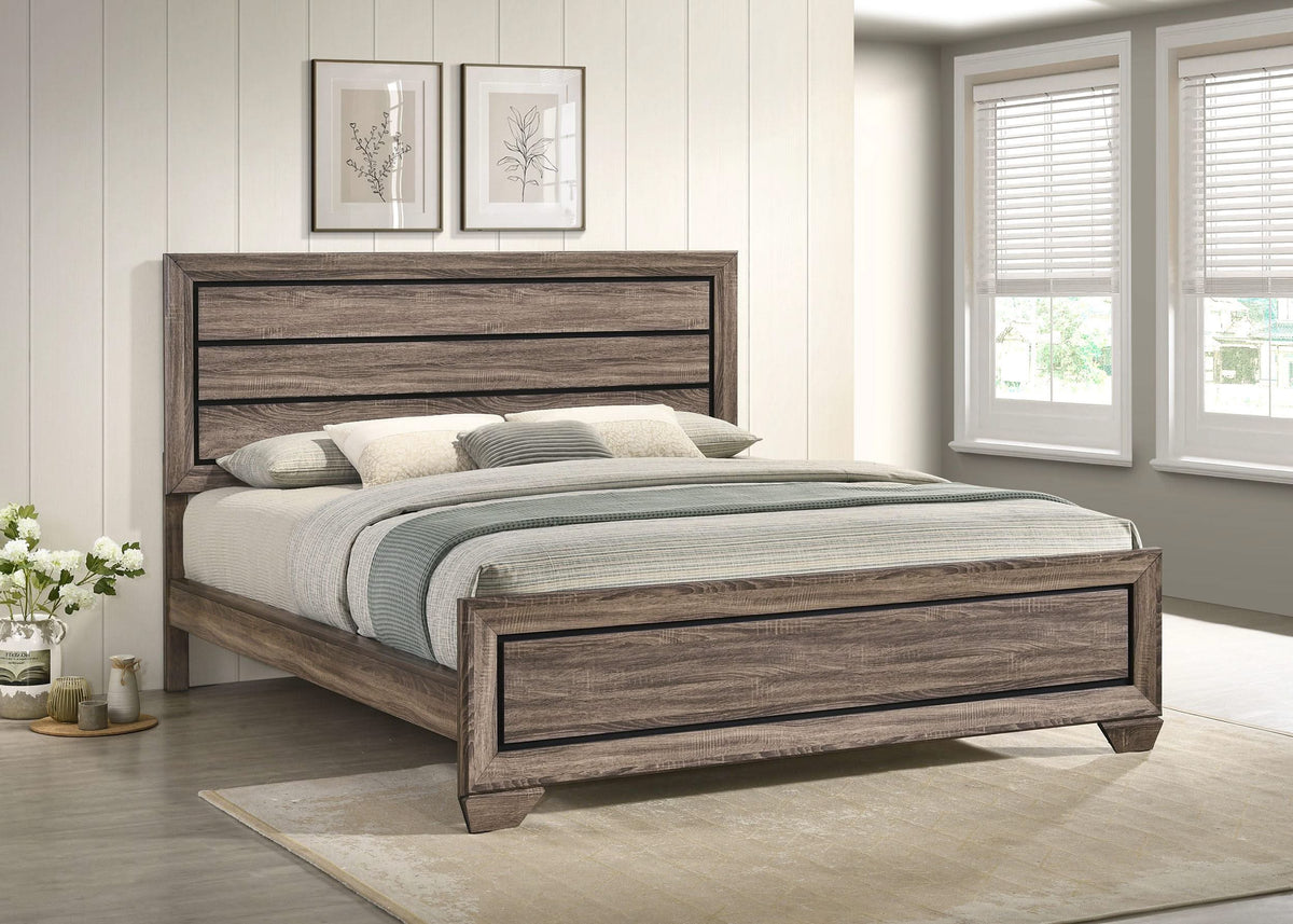 Cama California King con paneles Kauffman Wood en color topo lavado
