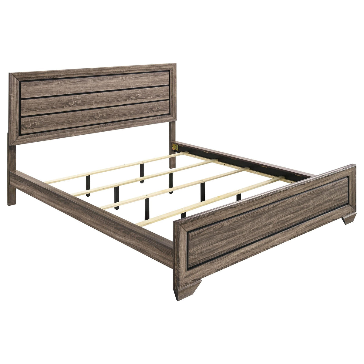 Cama California King con paneles Kauffman Wood en color topo lavado