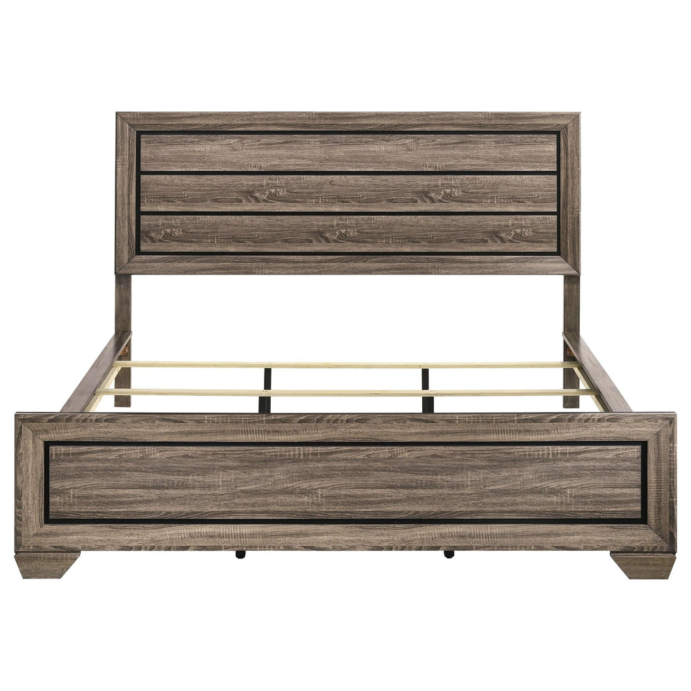 Cama California King con paneles Kauffman Wood en color topo lavado
