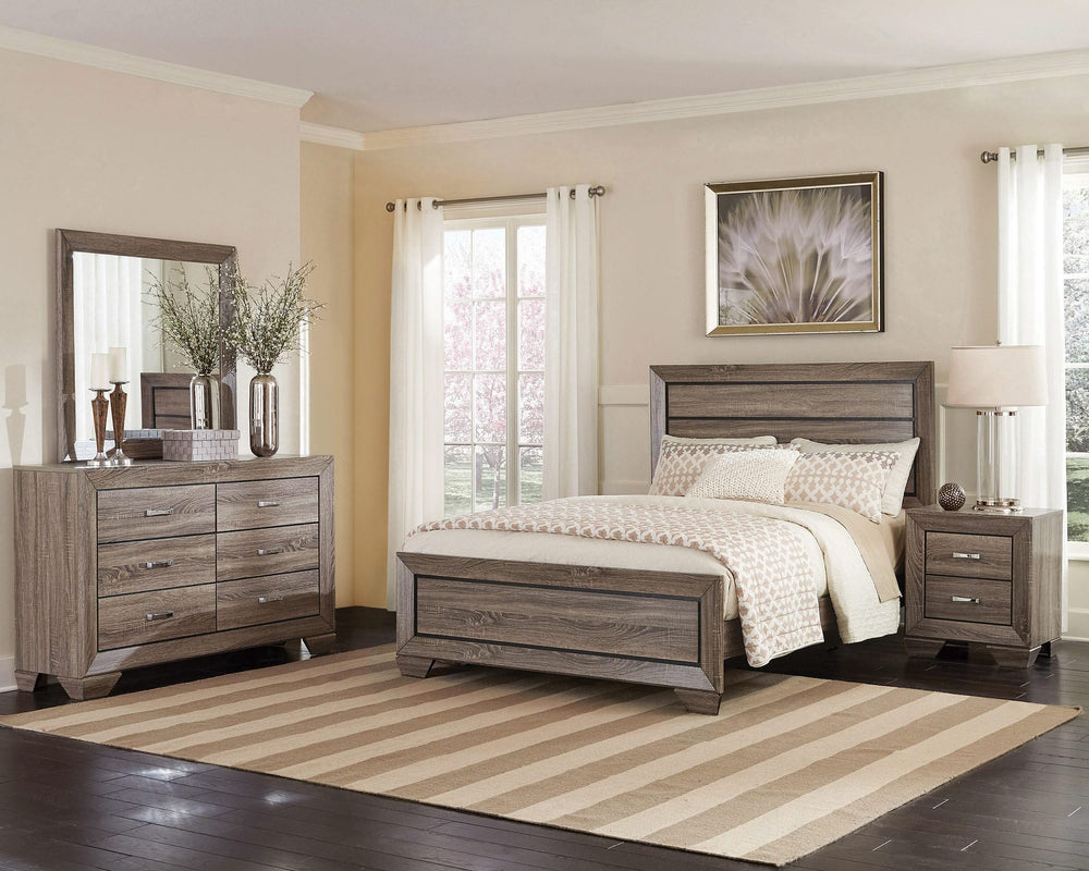 Cama California King con paneles Kauffman Wood en color topo lavado
