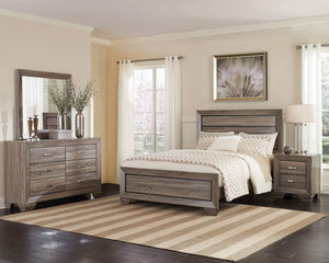 Cama California King con paneles Kauffman Wood en color topo lavado