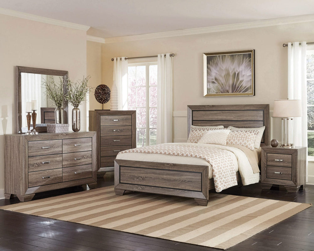Cama California King con paneles Kauffman Wood en color topo lavado